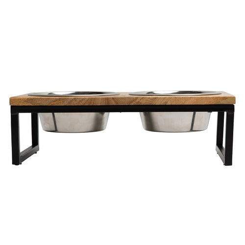 Wood & Metal Elevated Double Bowl Feeder for Dogs & Cats