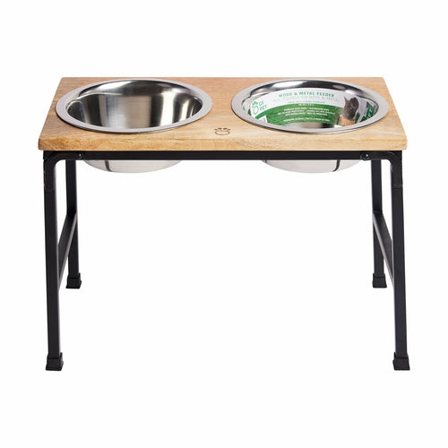 Wood & Metal Elevated Double Bowl Feeder for Dogs & Cats