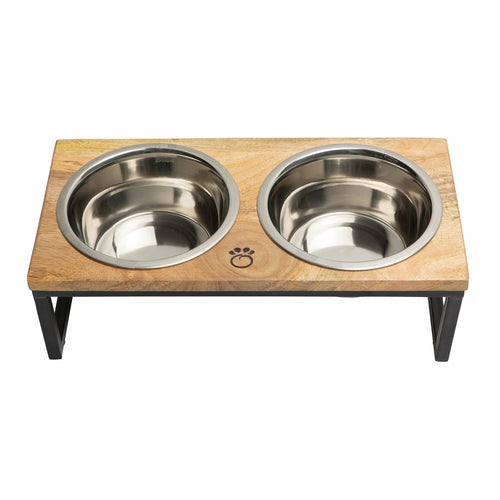 Wood & Metal Elevated Double Bowl Feeder for Dogs & Cats