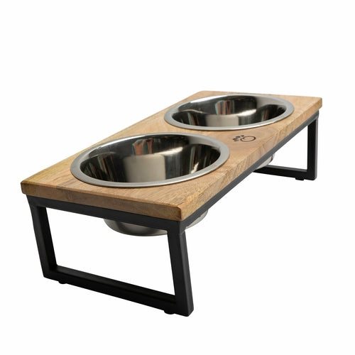 Wood & Metal Elevated Double Bowl Feeder for Dogs & Cats