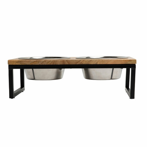 Wood & Metal Elevated Double Bowl Feeder for Dogs & Cats